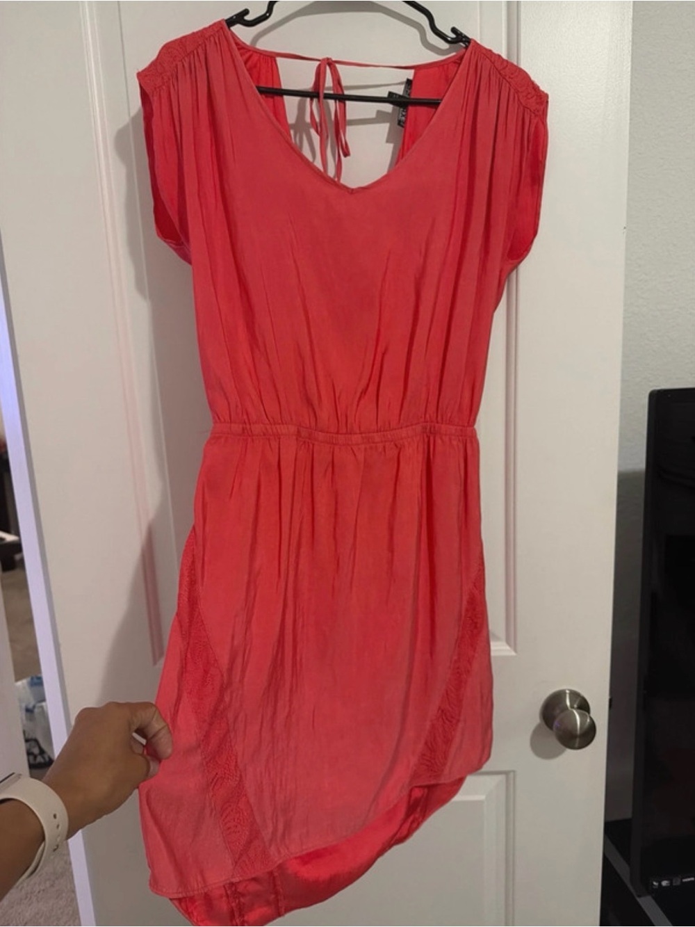 Express Coral Asymmetrical V-Neck Tie-Back Dress